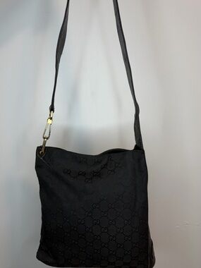 GUCCI GG Canvas Shoulder Bag Black Leather Unisex Authentic with Gold Hardware